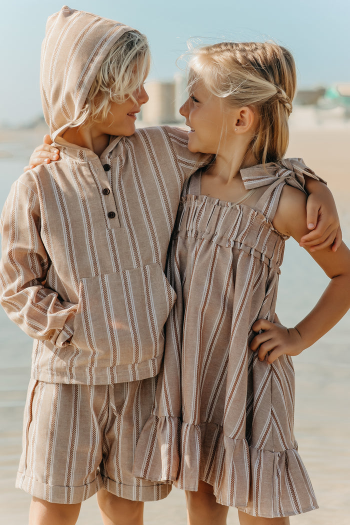 Evie Tunic Dress (mocha stripe linen)