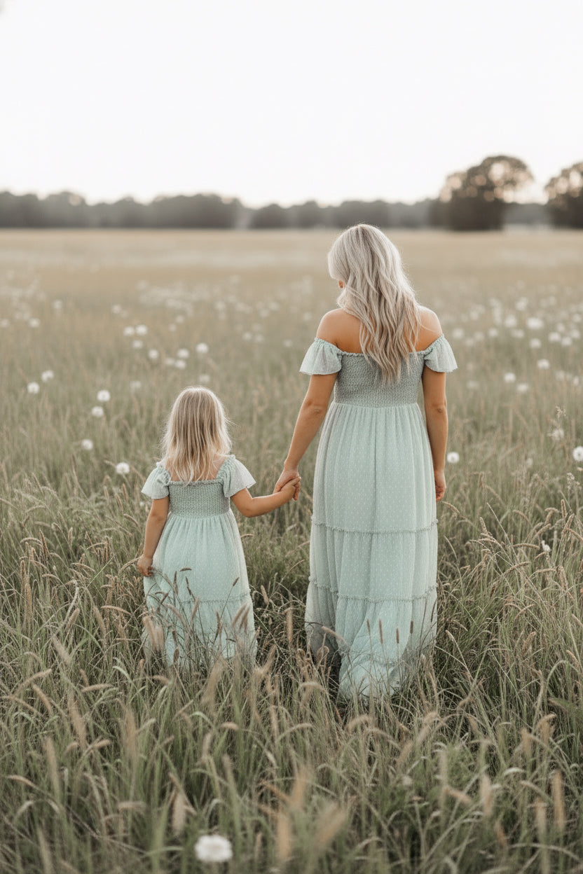 INDIE BLUE Dresses Marabella Dress (sage swiss dot)