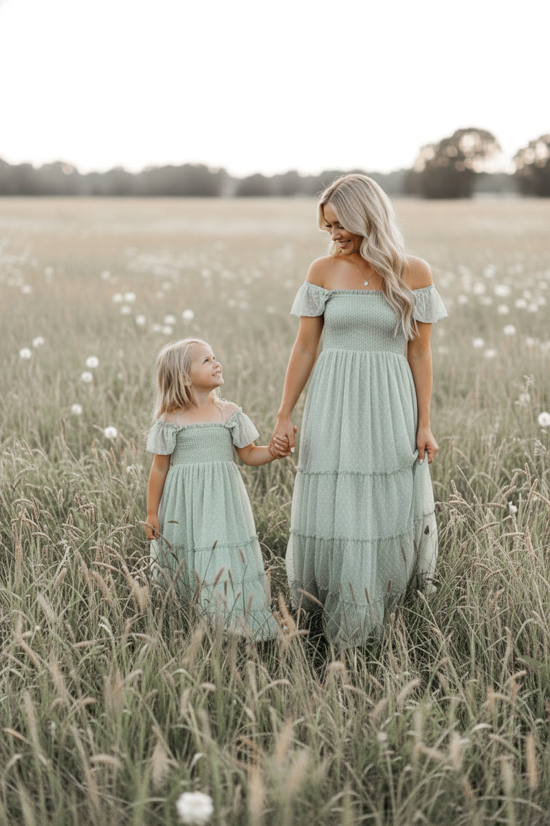 INDIE BLUE Dresses Marabella Dress (sage swiss dot)