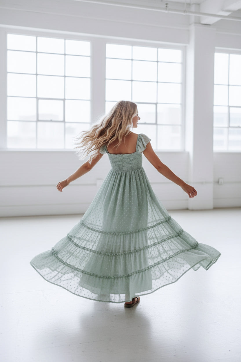 INDIE BLUE Dresses Marabella Dress (sage swiss dot)