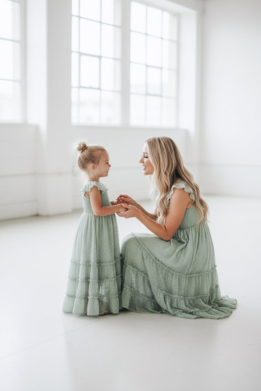 INDIE BLUE Dresses Marabella Dress (sage swiss dot)