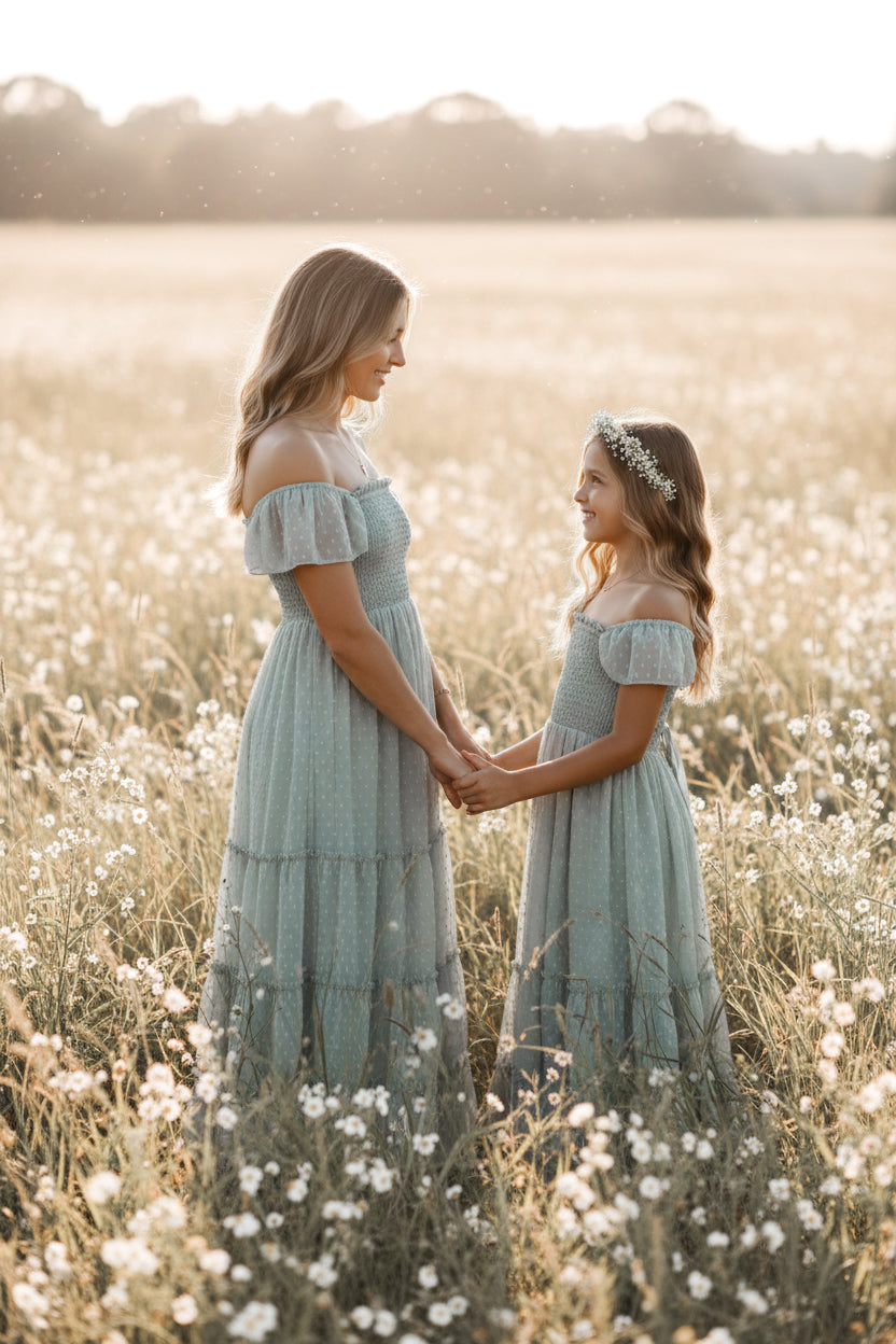 INDIE BLUE Dresses Marabella Dress (sage swiss dot)