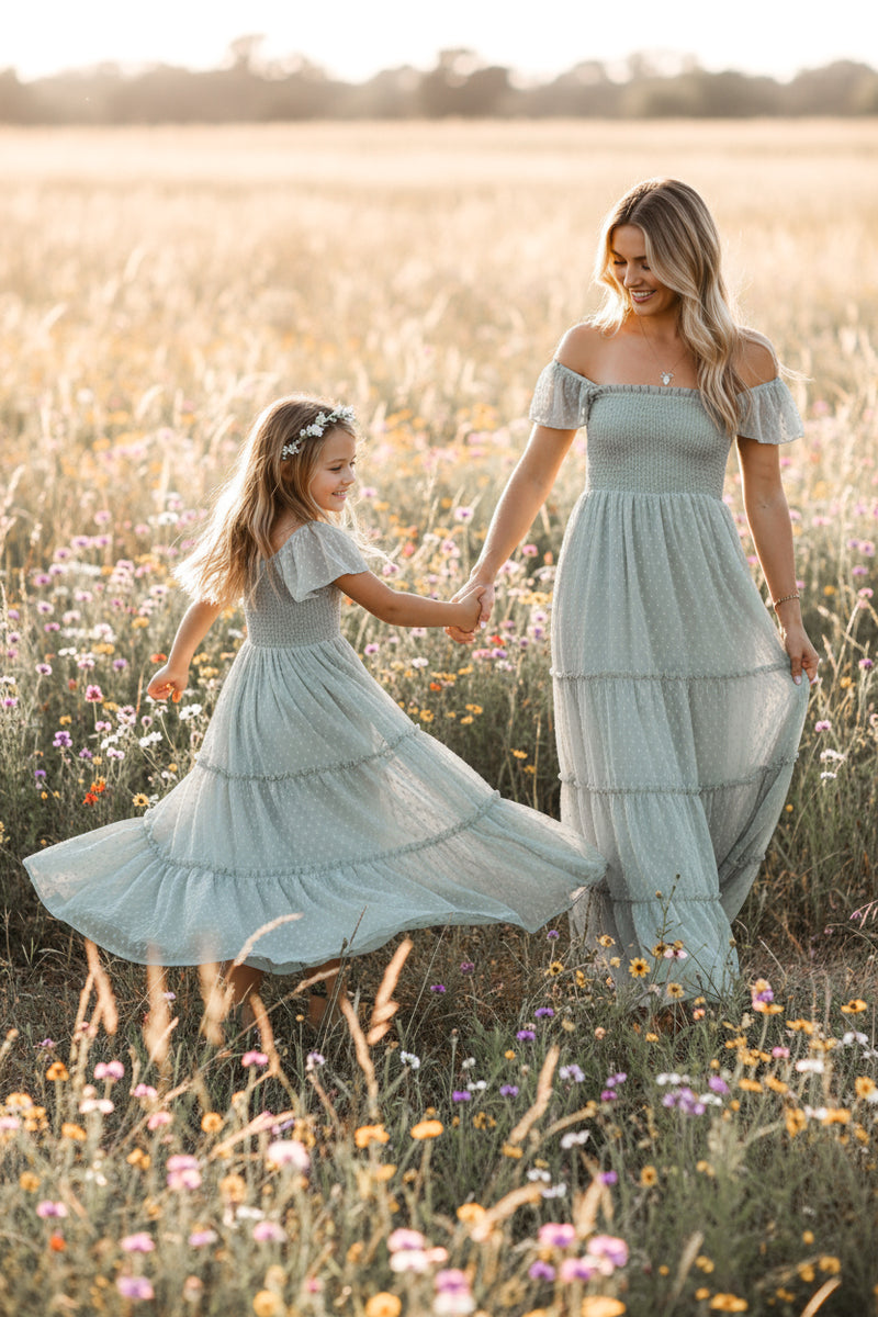 INDIE BLUE Dresses Marabella Dress (sage swiss dot)