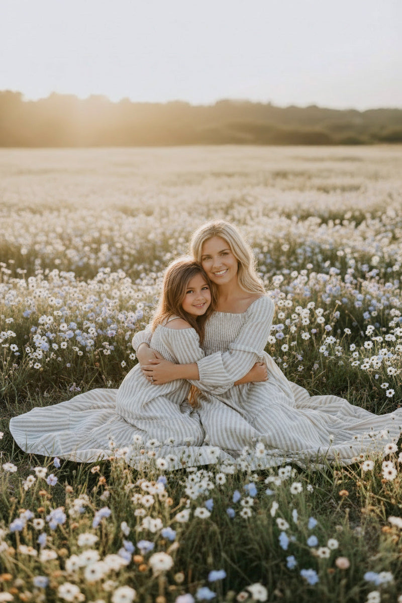 INDIE BLUE Dresses Pippa Maxi (driftwood stripe linen)