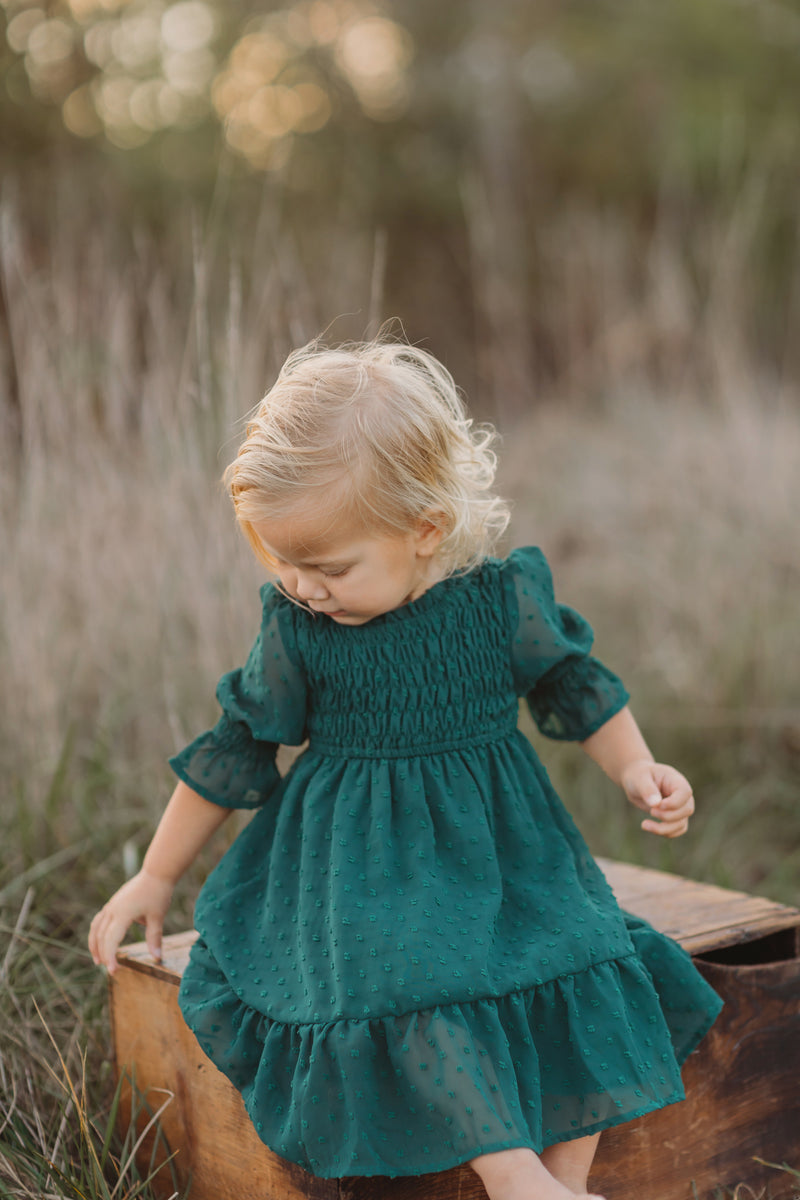 Celine Dress (cypress green swiss dot)