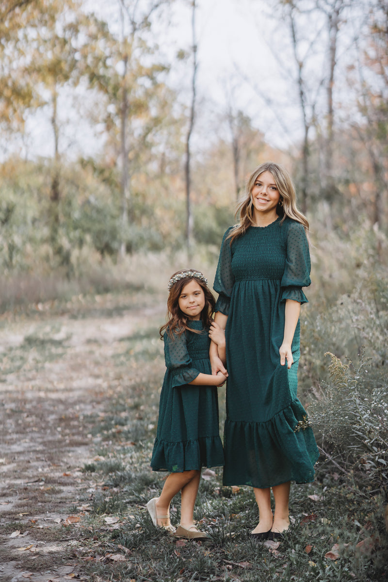 Celine Dress (cypress green swiss dot)