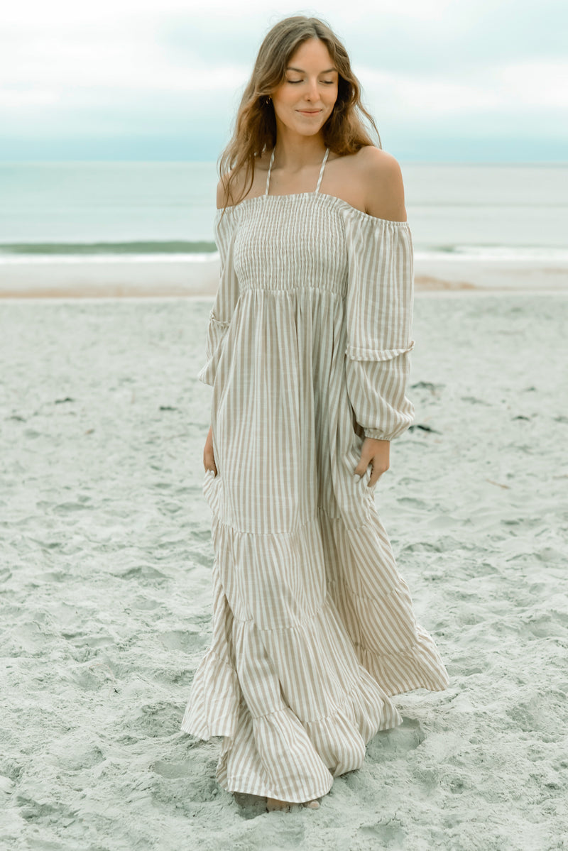 striped boho maxi dress ClodeEU Women's Asymmetrical Off Shoulder Puff Sleeve Striped Maxi Dress,Casual Loose Fit Boho Maxi Dress Khaki,Women's Plus M