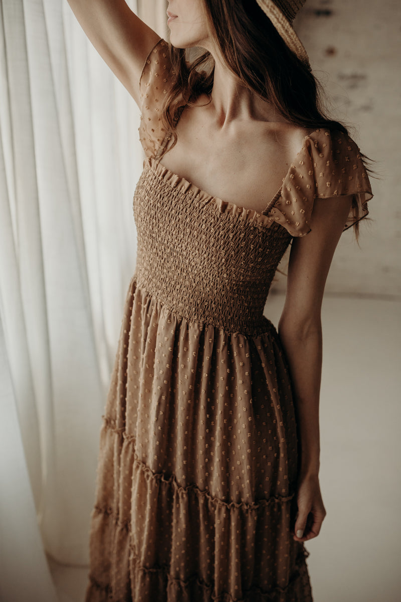 brown dress nearby Women's Marabella Dress (mocha swiss dot) – INDIE BLUE