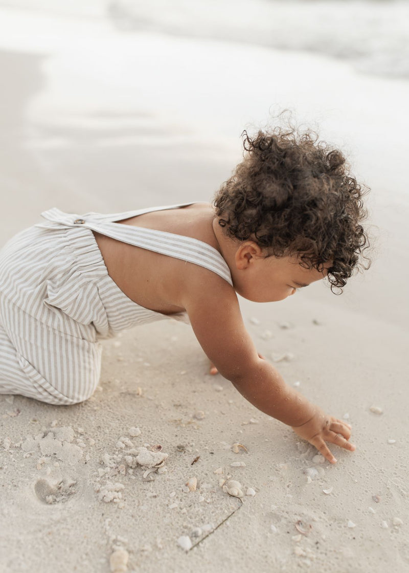 Grady Romper (desert pinstripe linen)