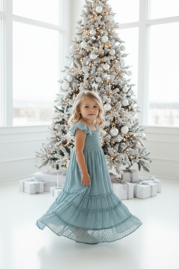 Blonde 3 Year Old Girl in Blue Swiss Dot Marabella Dress