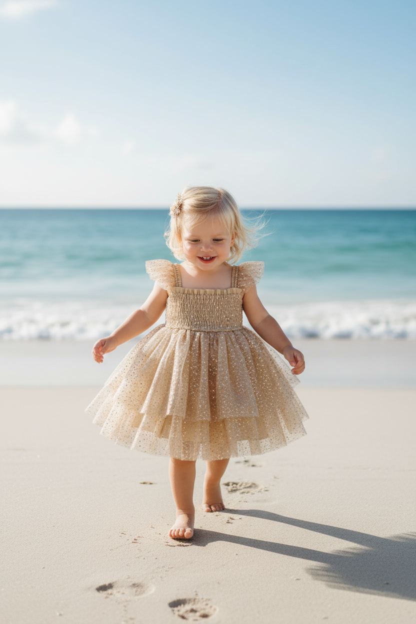 Blonde toddler walking