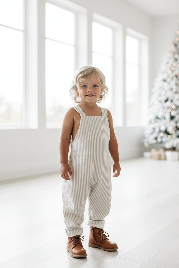 INDIE BLUE Boys Grady Romper (desert pinstripe linen)