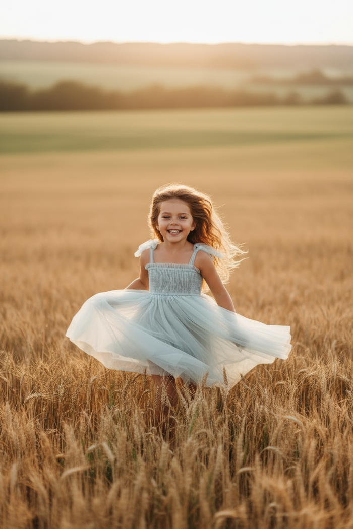 Brown-haired model running in wheat field
