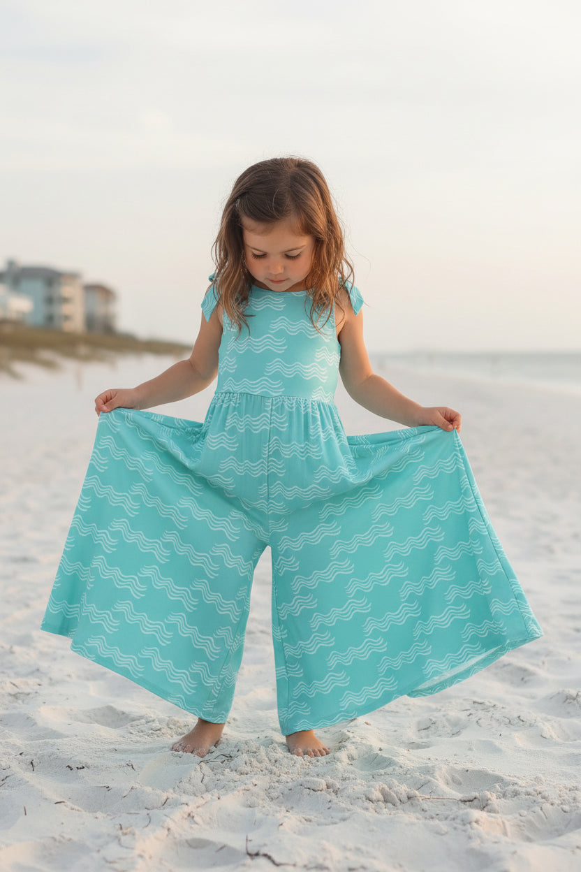 LB Girl's Romper Rita Tie Romper (aqua waves)