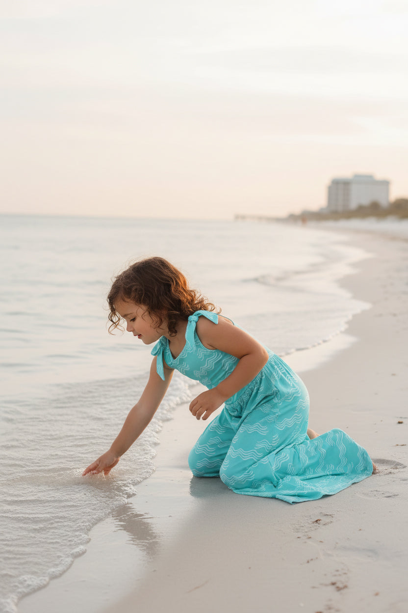 LB Girl's Romper Rita Tie Romper (aqua waves)