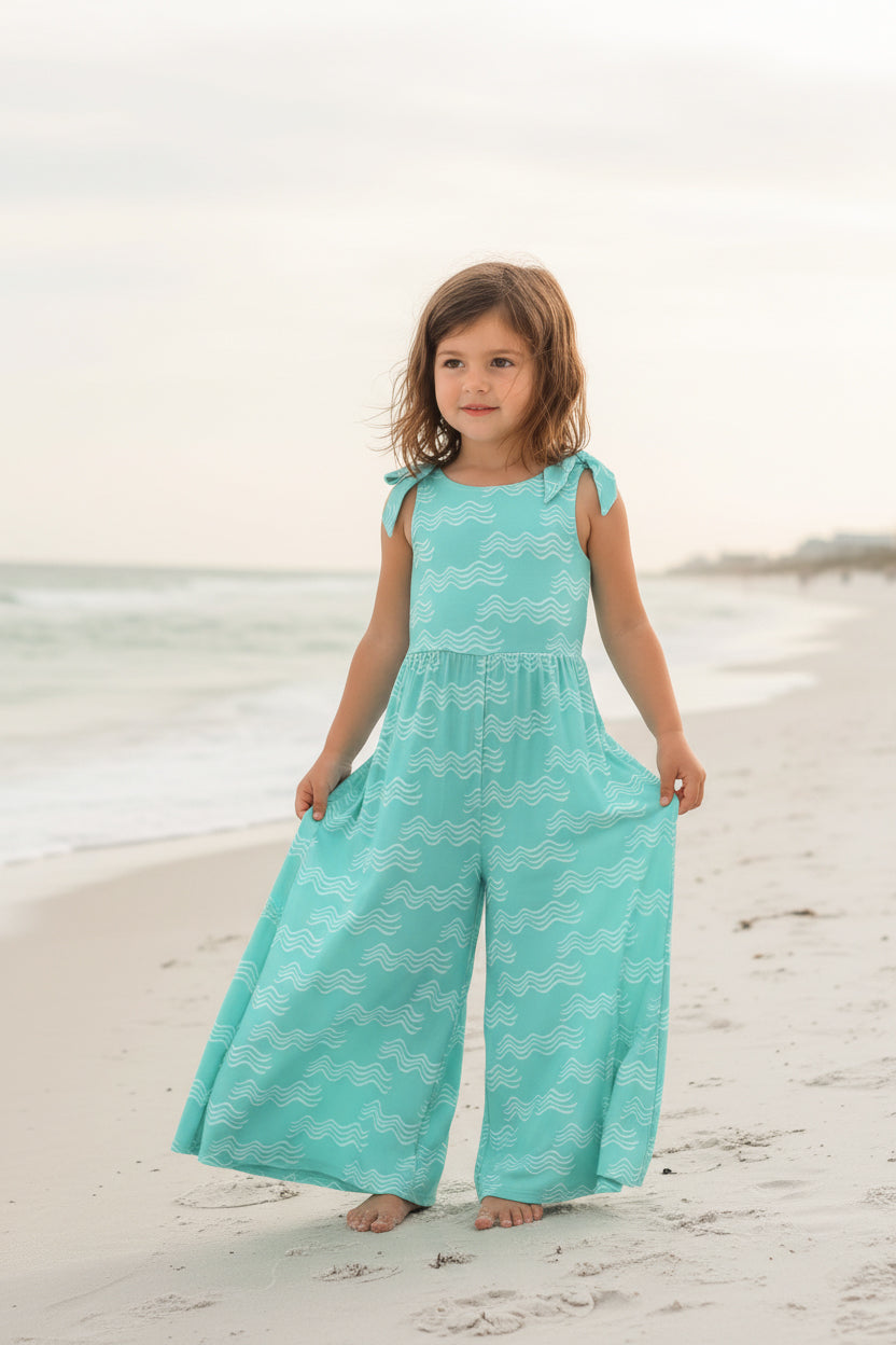 LB Girl's Romper Rita Tie Romper (aqua waves)