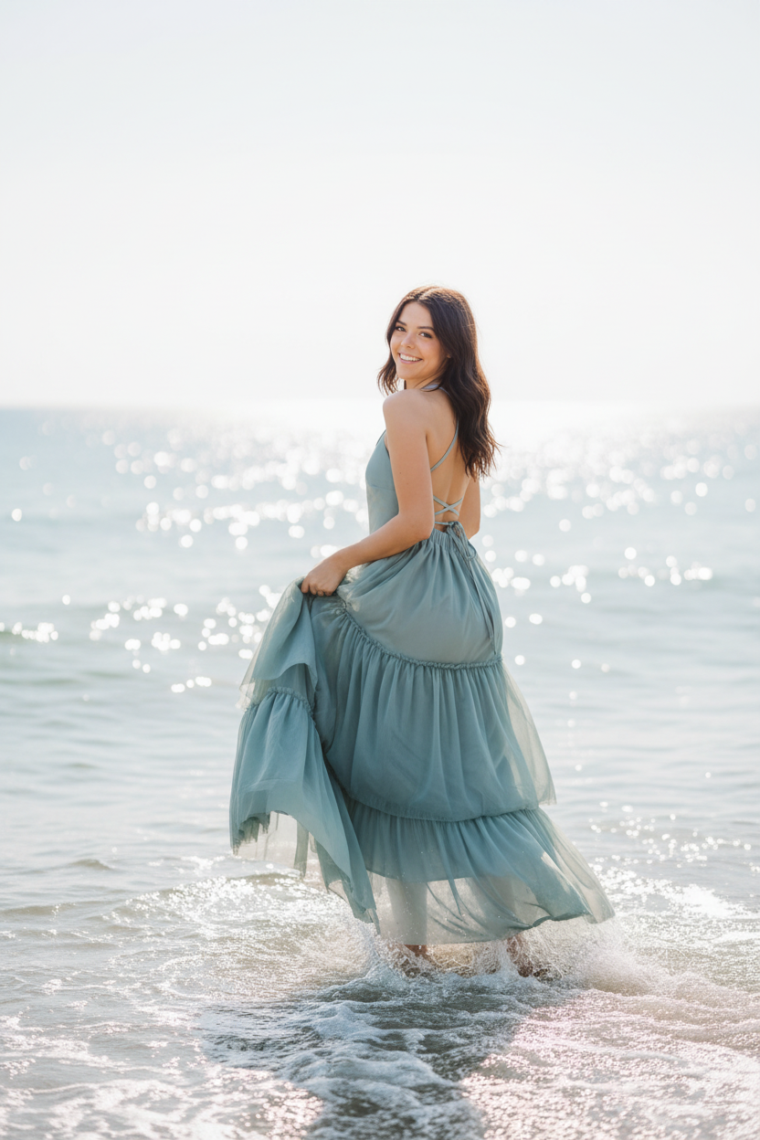 Dark-haired model wading in water