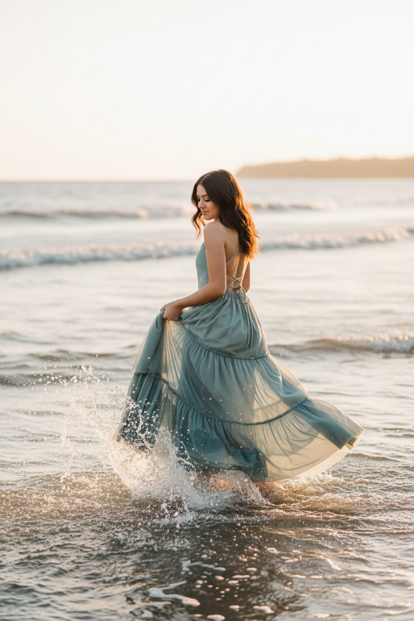 Dark-haired model walking through water