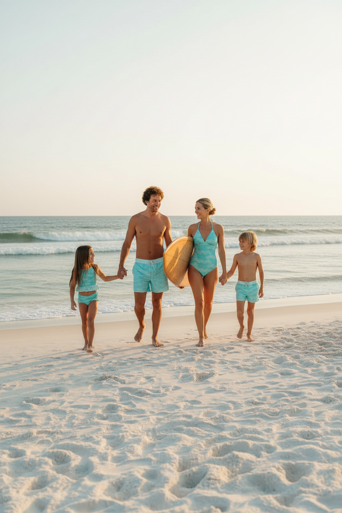 indie blue family swim men's surf shorts women's one piece girl's tankini set boy's surf shorts ruffle details