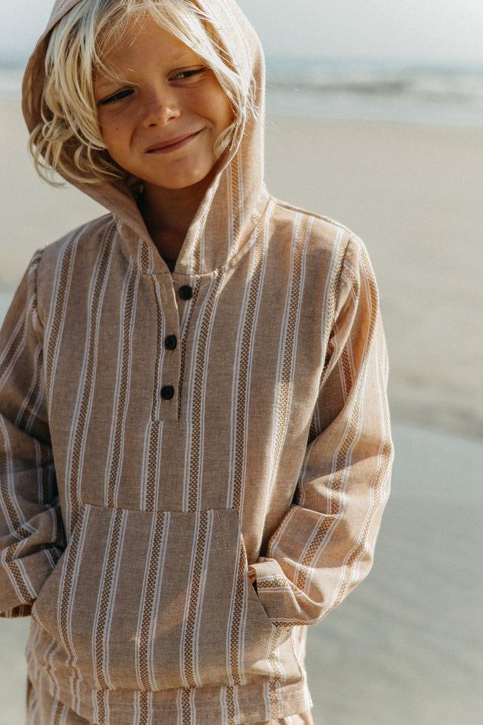 INDIE BLUE Boys Knox Hoodie (mocha stripe linen)