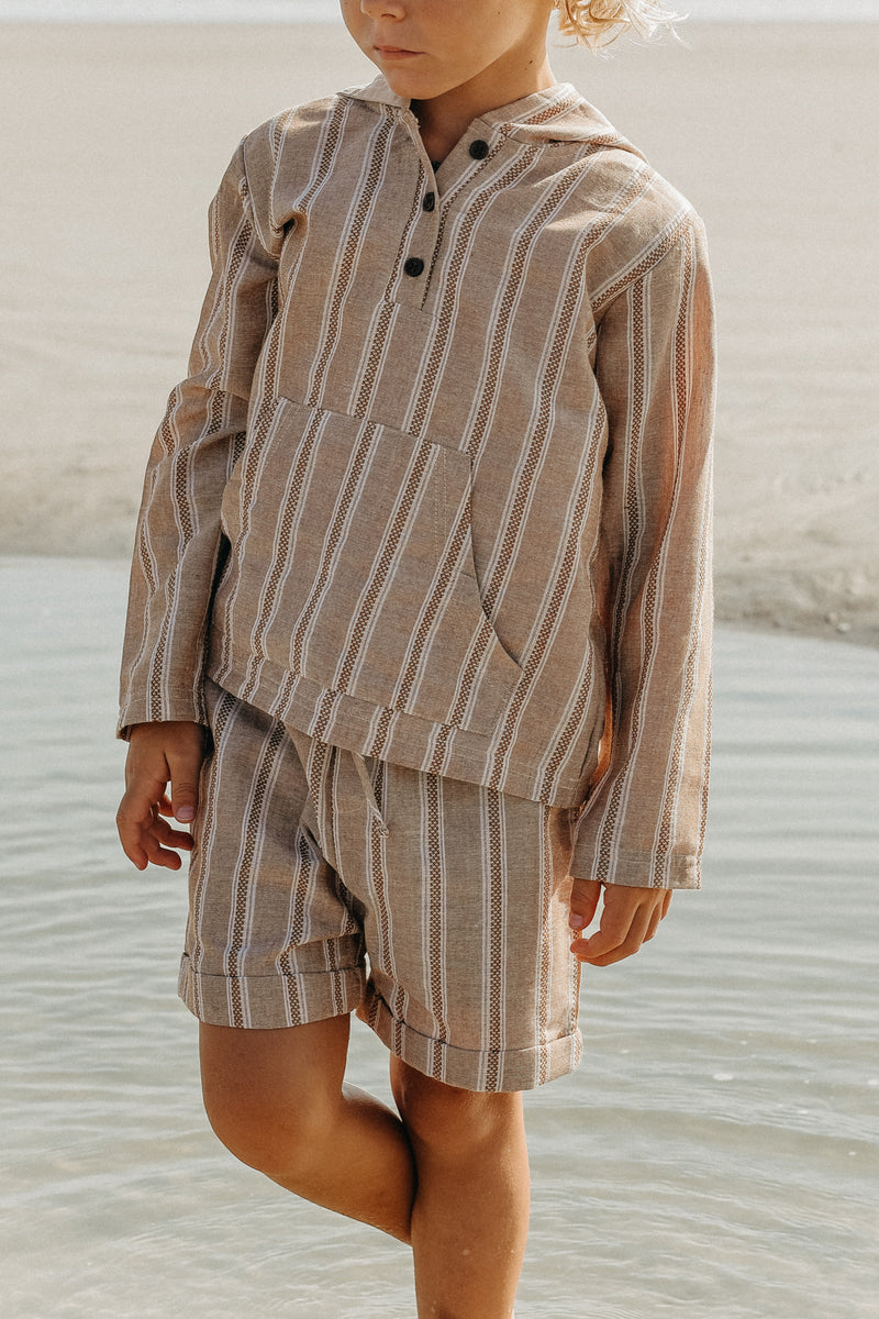 INDIE BLUE Boys Knox Hoodie (mocha stripe linen)