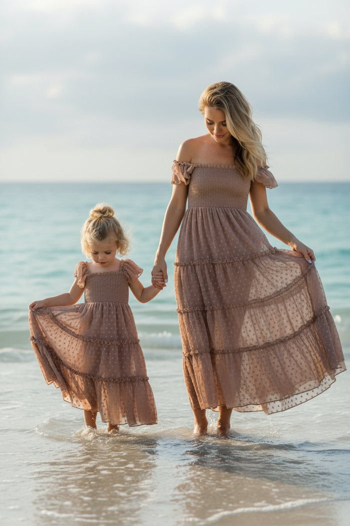 INDIE BLUE Dresses Marabella Dress (mocha swiss dot)