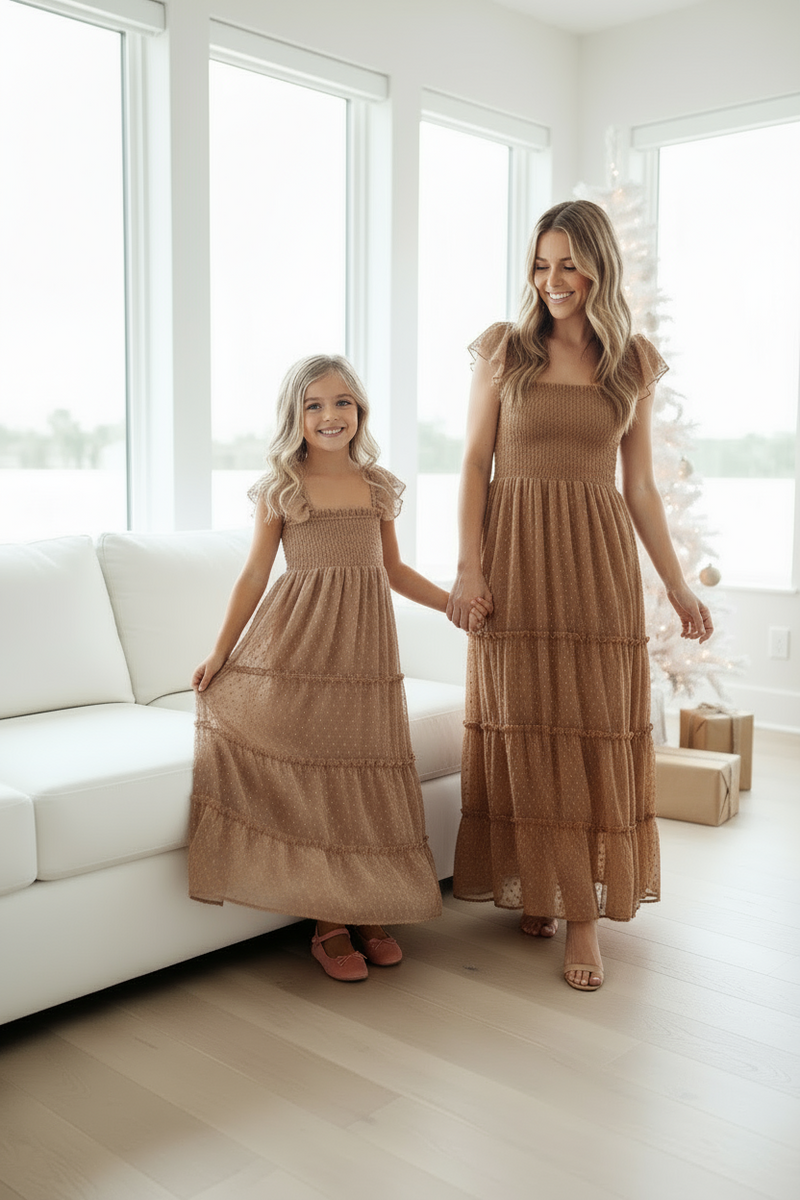 INDIE BLUE Dresses Marabella Dress (mocha swiss dot)