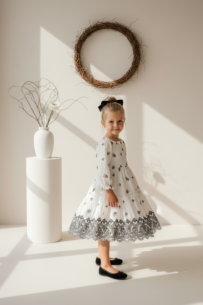 Mira Dress with Black Velvet Flats and Bow