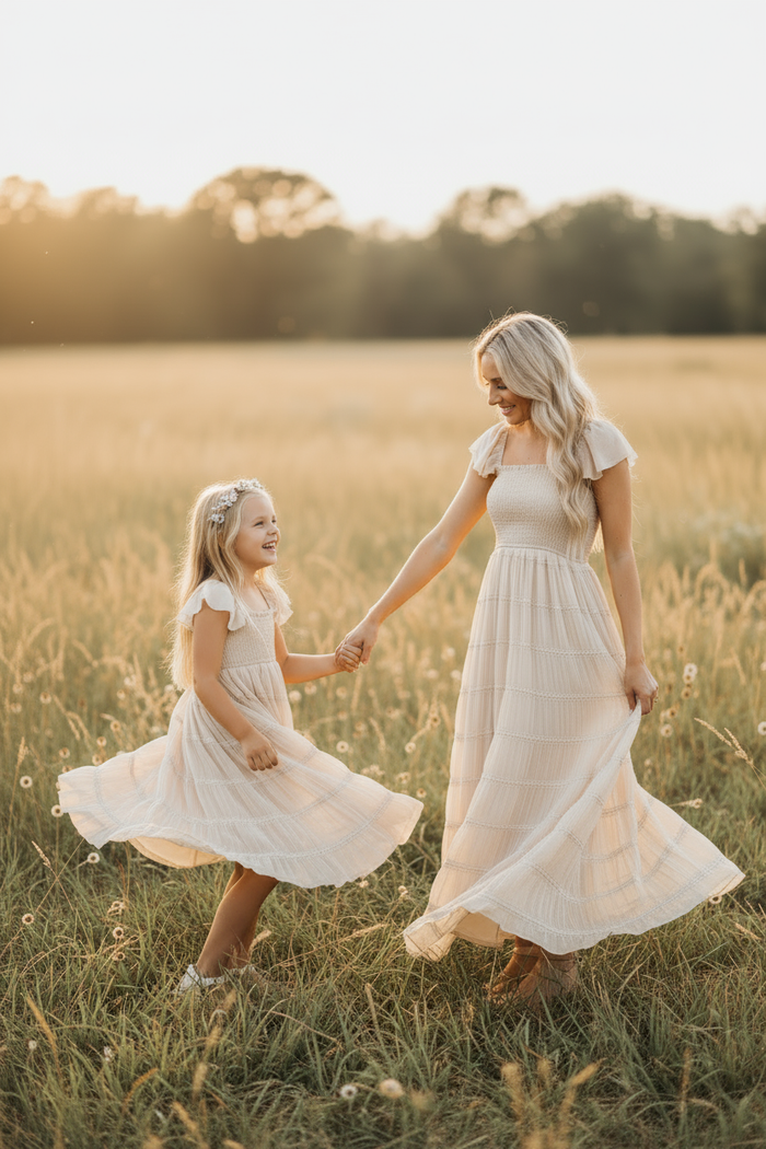 Mom and daughter in golden field - view 3