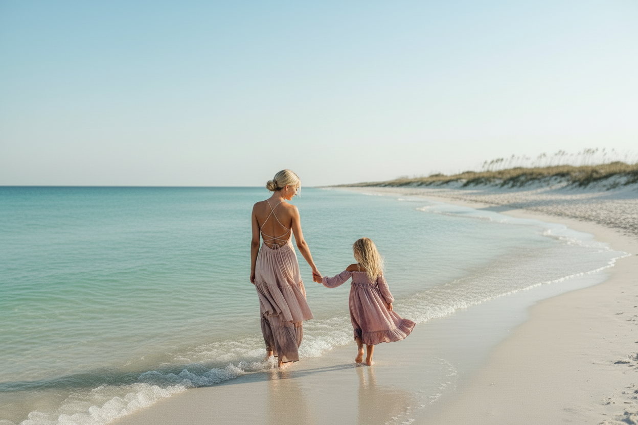 Mom and daughter peony muslin walking away horizontal 4