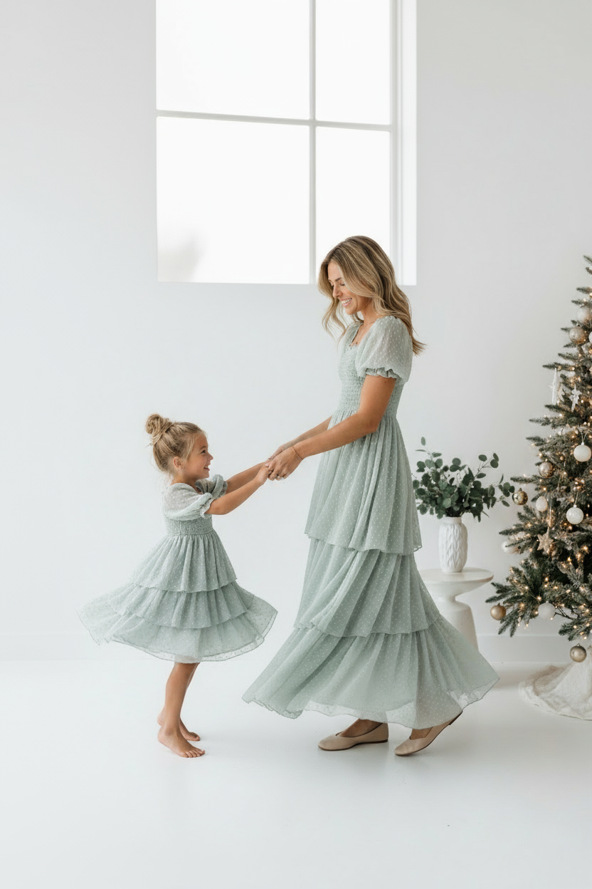 INDIE BLUE Dresses Willa Layer Dress (sage swiss dot)