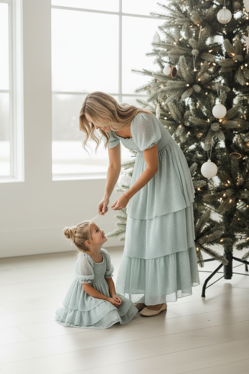 INDIE BLUE Dresses Willa Layer Dress (sage swiss dot)