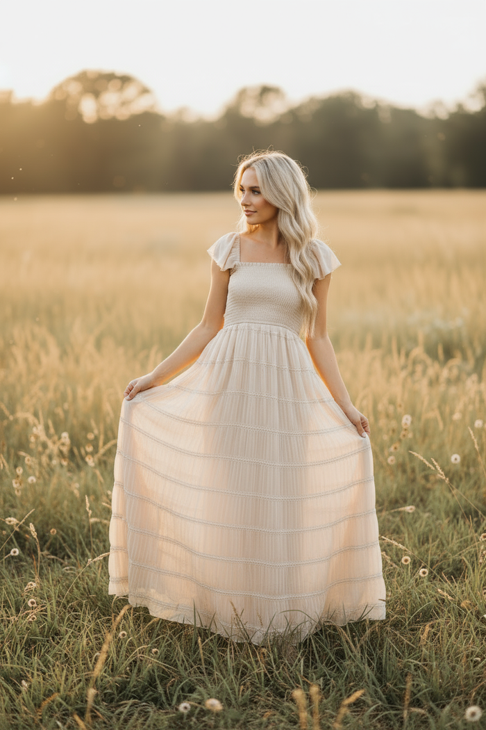 Mom holding dress and looking to the side in golden field