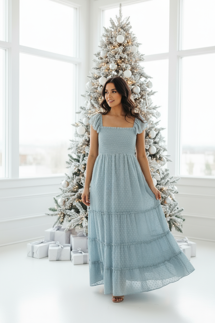 Mom with Different Face in Blue Swiss Dot Marabella Dress