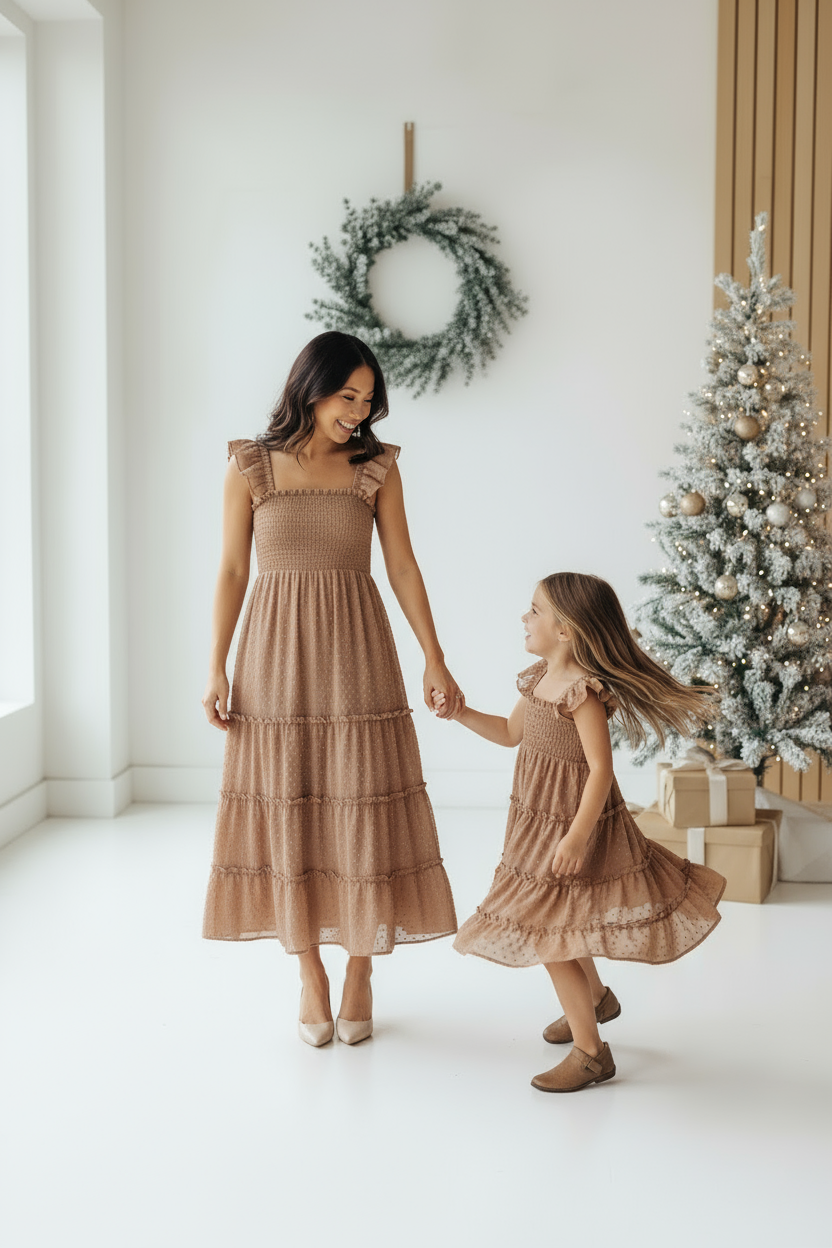 INDIE BLUE Dresses Pia Dress (mocha swiss dot)