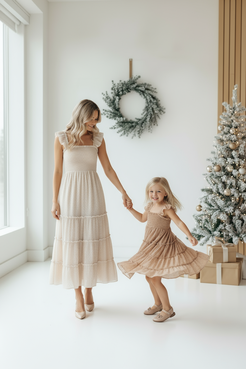 INDIE BLUE Dresses Pia Dress (mocha swiss dot)