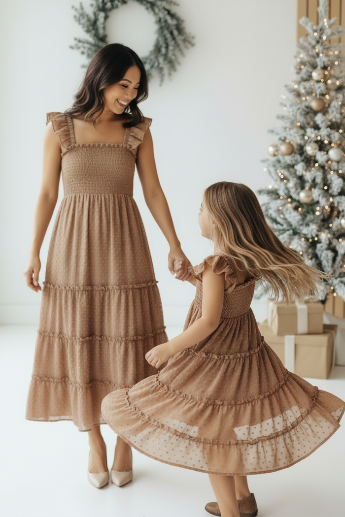 INDIE BLUE Dresses Pia Dress (mocha swiss dot)