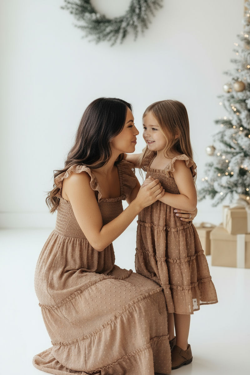 INDIE BLUE Dresses Pia Dress (mocha swiss dot)