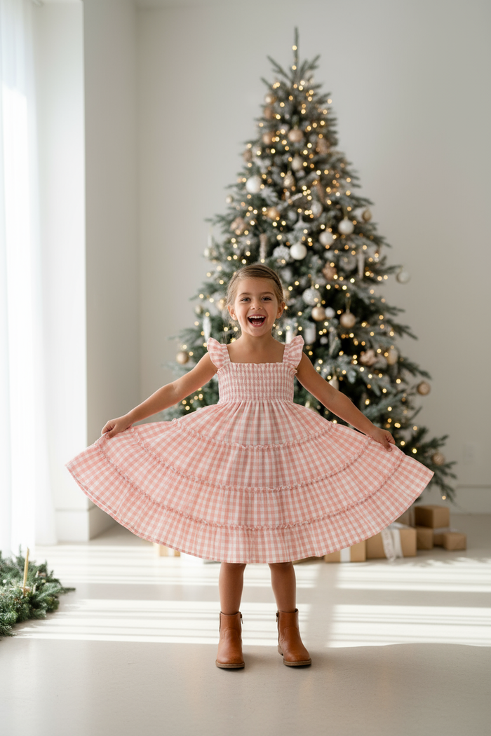 Pia Pink Gingham - Laughing and Holding Dress
