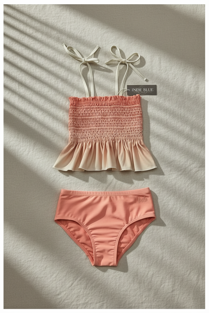 LB Girl's Swim Smocked Tankini Set (sunrise ombre)