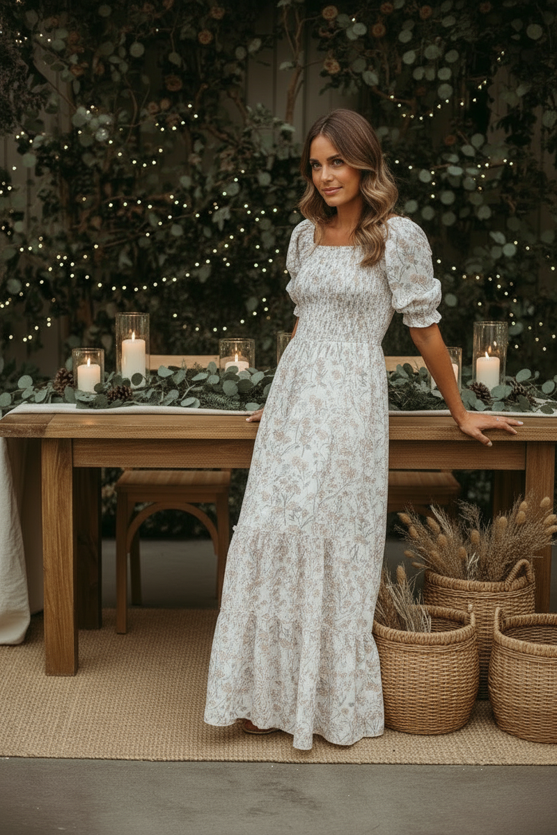 Women's Elle dress different pose in greenery setting