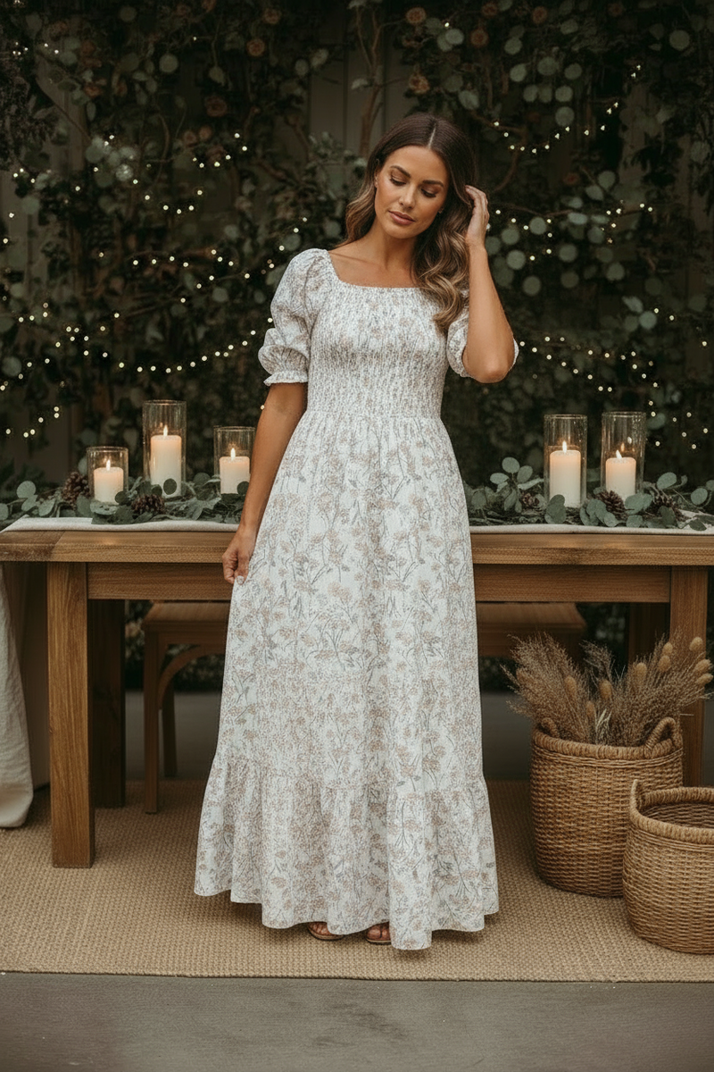 Women's Elle dress natural pose in greenery setting