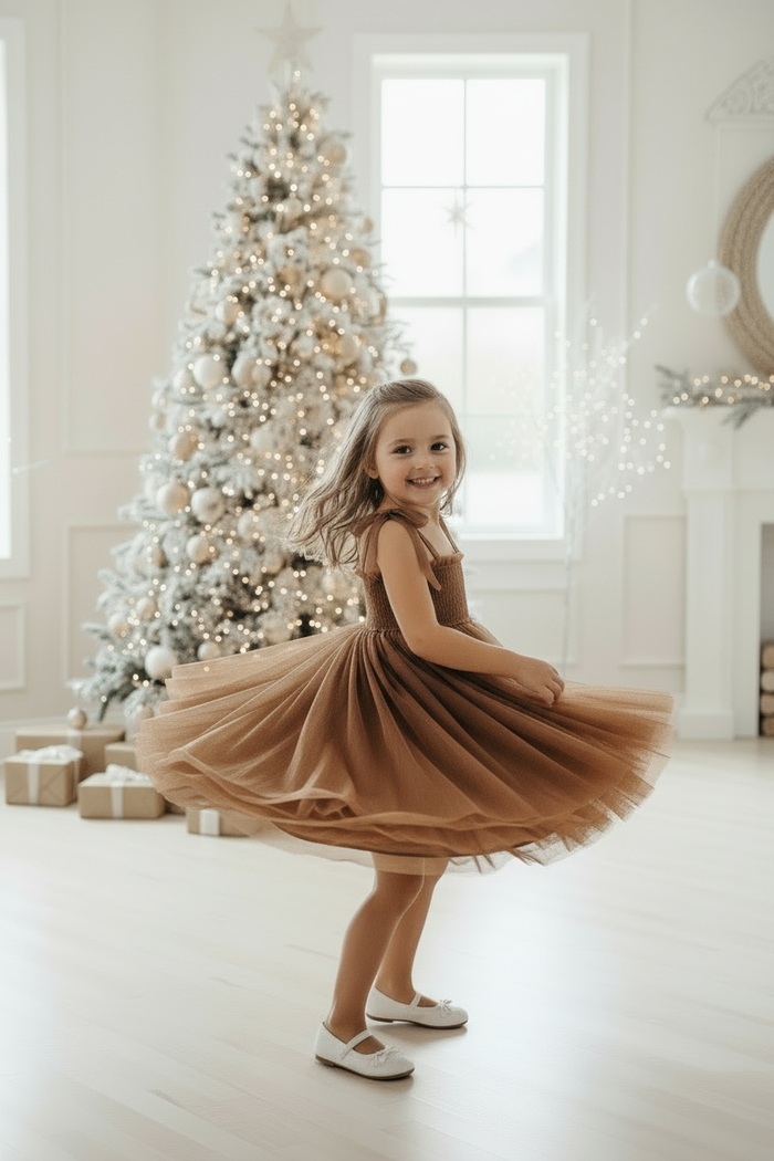 Young girl twirling in cedar dress - closer shot in modern holiday setting