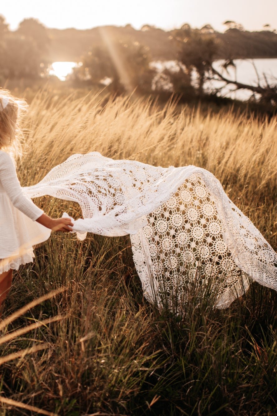 Vintage French White Cotton Crochet Blanket